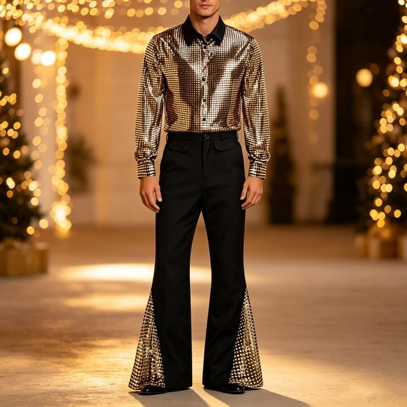LEKWK 70S Disco Outfits for Men Shiny Sequin Button Down Long Sleeve Shirt and Flare Pants Matching Sets Vintage Dance Club Festival Costume