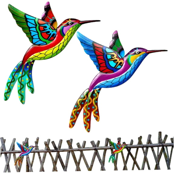 Colorful Metal Hummingbird Wall Art, 2PCS Iron Bird Sculptures for Garden Fence Decor, Outdoor Ornaments for Patio Yard