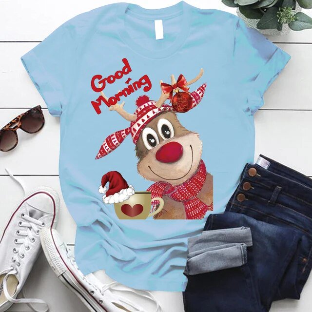 Camiseta con estampado navideño de renos y buenos días para mujer, camiseta navideña con estampado bonito, S-5XL divertida y bonita, camiseta navideña para mujer
