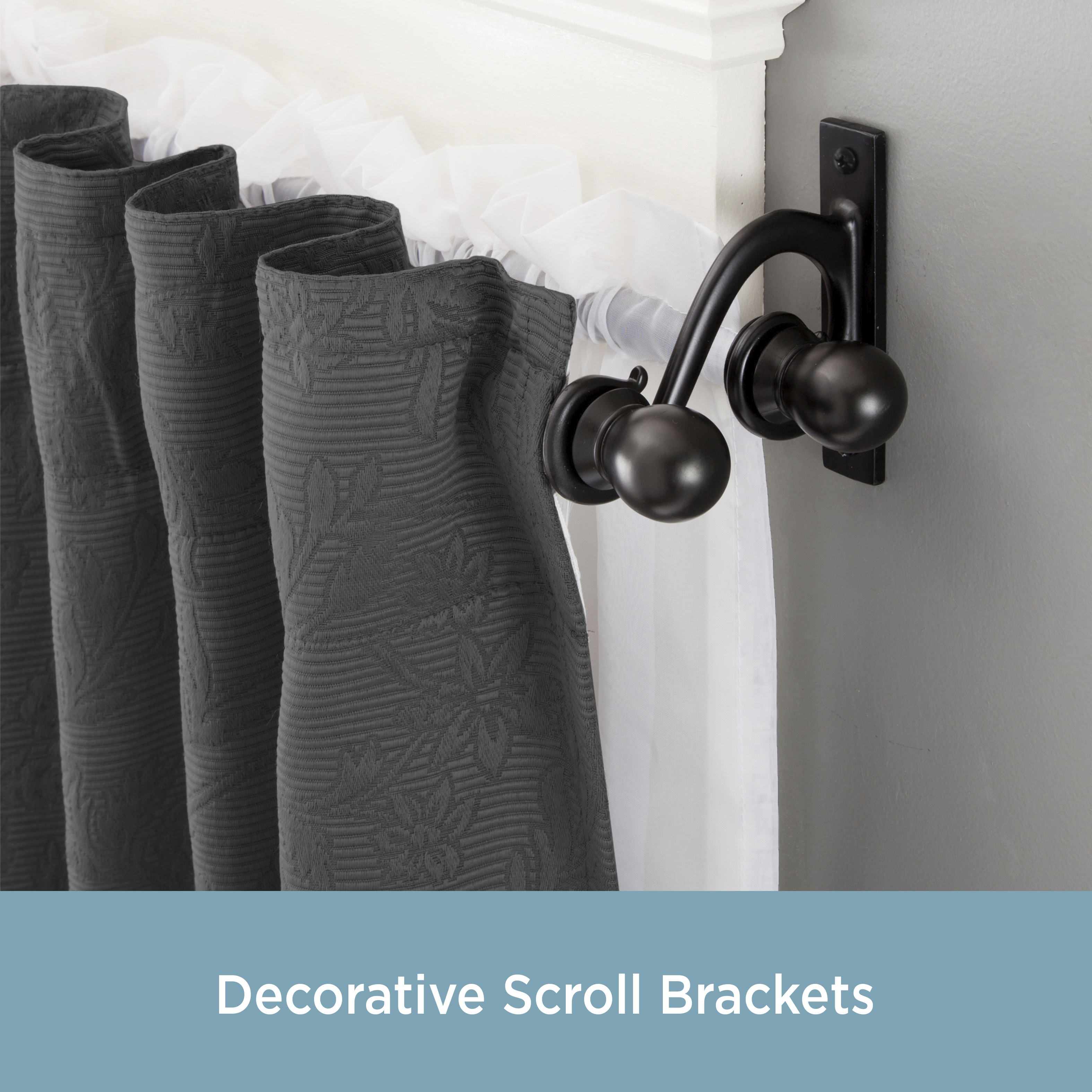 Kenney Scroll Ball Standard Steel Decorative Window Double Curtain Rod, 48-86" Adjustable Length, 5/8" Dia., Black