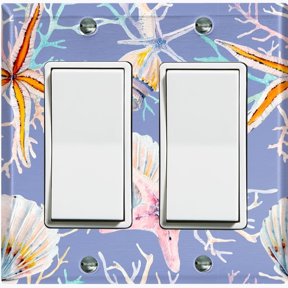 Metal Light Switch Wall Plate Outlet Cover (Ocean Sea Star Fish Shell Coral Clam Lavender Blue - Double Rocker)