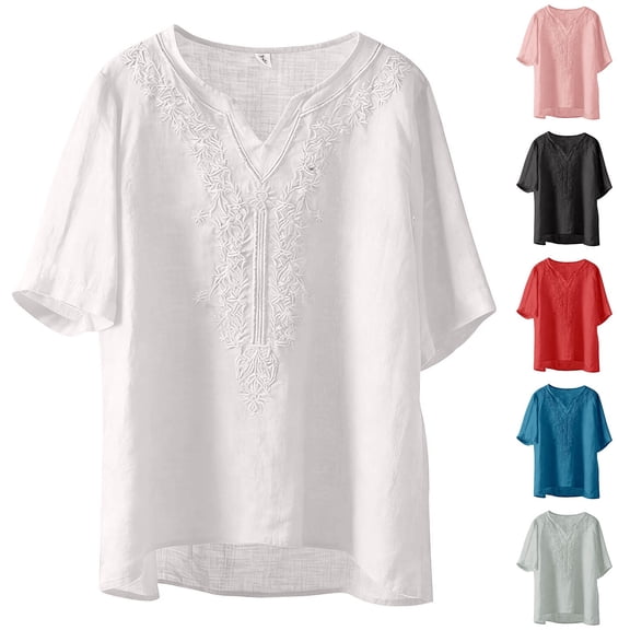 Womens Work Clothes Kelon Womens Summer Short Sleeve V Neck Embroidered Shirt Summer Outfits 2026 Fashion Clothing Blouses Oversized Shirt Clothing, XL