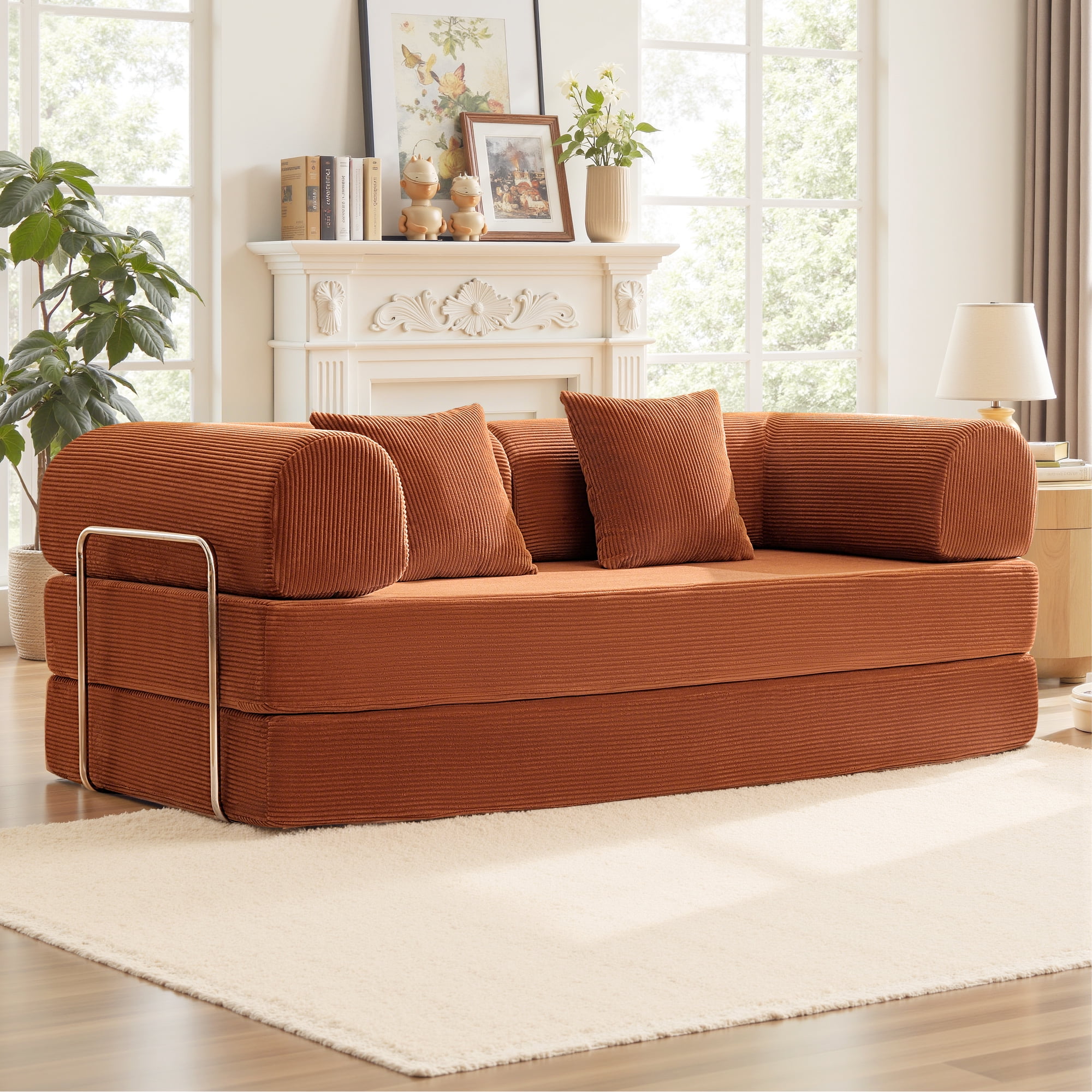 COOLHUT 78.7" W Combination Sofa, High Rebound Density Foam Sofa Couch, Two Forms Floor Couch Three Seats Sofa Bed for Living Room, Bedroom, Pumpkin Brown