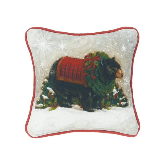 Wreath & Pinecones Snowflakes Woodland Bear Cotton Mini Accent Pillow, 8" x 8"