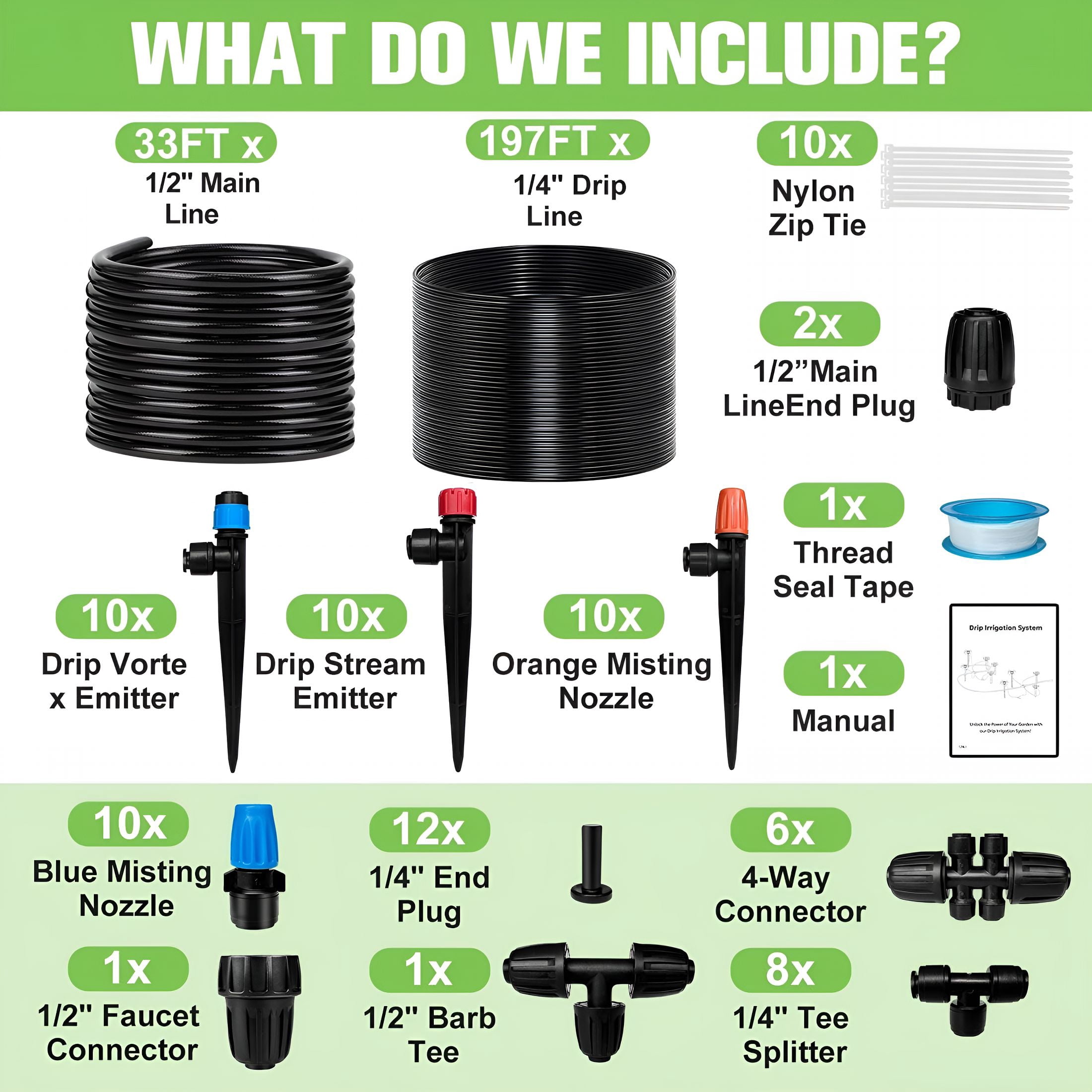 HIBIBUD Drip Irrigation System for Garden with 40 Nozzles&Emitters,Garden Watering System with Tube and Barbed Fittings-Adjustable Sprinklers Kit