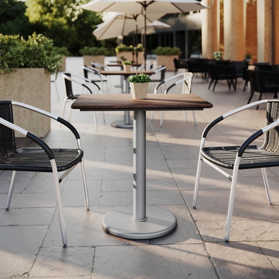 Flash Furniture 30" x 24" Indoor Outdoor Tabletop in Dark Brown with TopGuard HPL Technology and 18" Round Silver Cast Iron Table Base