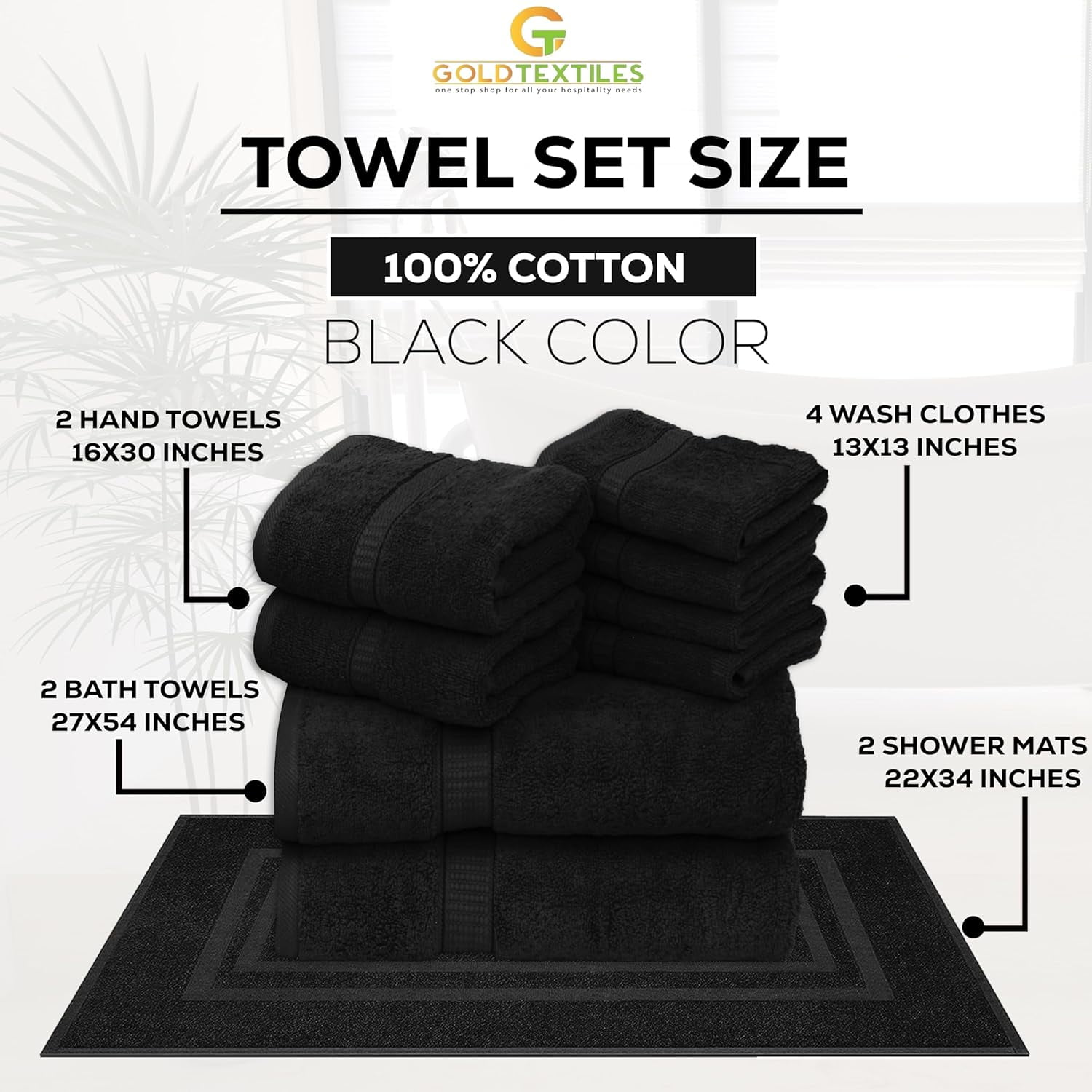 Gold Textiles Luxury 10 Piece Towel Set (Bath Mat 27x54, Hand Towel 16x30, Washcloth 13x13, Bath Mat 22x34) Ultra Plush Absorbent Cotton Towels For Bathroom (Black, 10 Piece Towel Set)