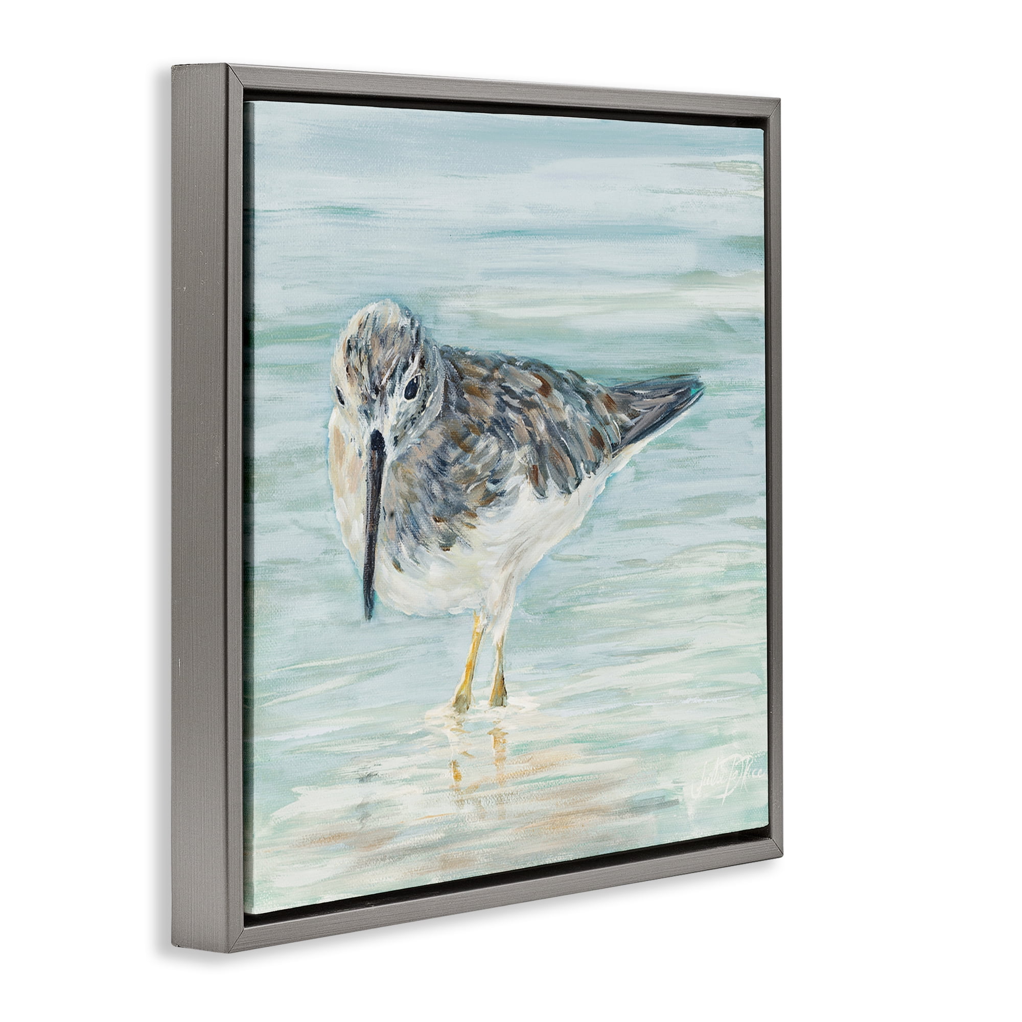 Stupell Industries Sandpiper on Shallow Shore Animals & Insects Painting Gray Floater Framed Canvas Art Print Wall Art, 18 x 18