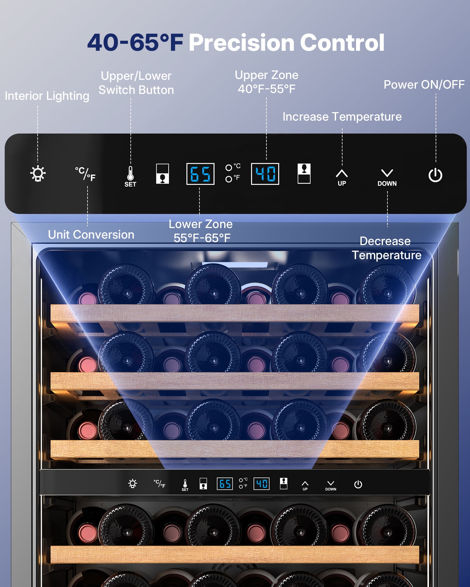 Upstreman 24" Wine Cooler Refrigerator, 54 Bottle Wine Fridge Dual Zone Wine Chiller Built-in or Freestanding Beverage Refrigerator with Glass Door, W54