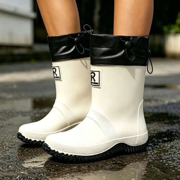Unisex Mid Calf Rain Boots Waterproof Rubber Adjustable Drawstring Collar Slip Resistant Outdoor Garden Work Boots White 36