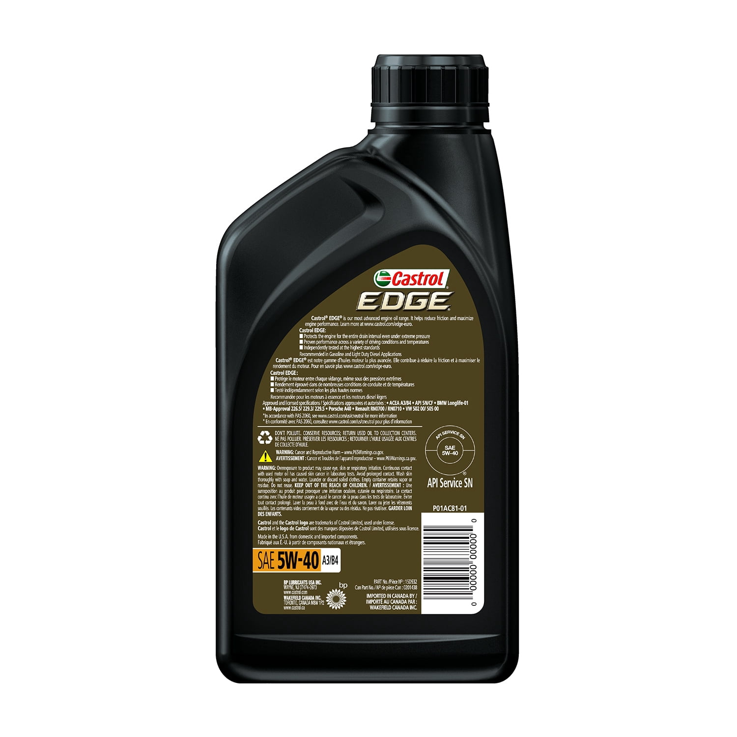 Castrol, Full Synthetic Motor Oil, 5W-40, 1 qt 6 pack - Walmart.com