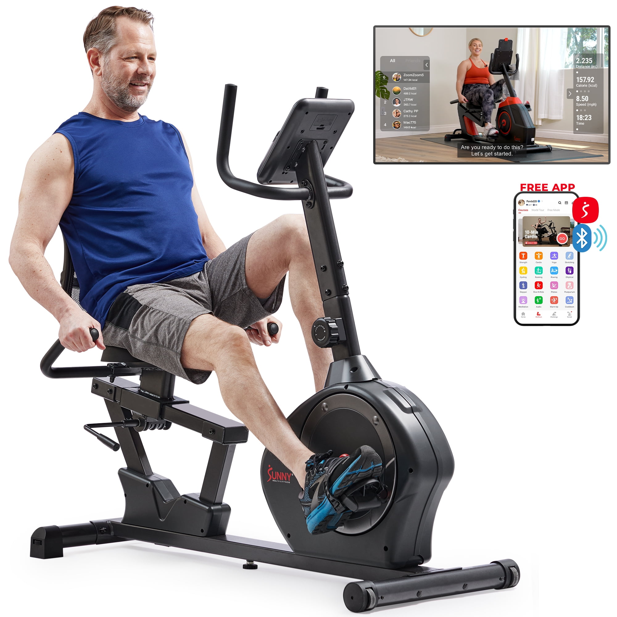 Sunny Health & Fitness Indoor Recumbent Cycling Bike w 350LB Capacity, Non-Crank Design, Cushion Seat for Senior or Rehab w Smart Bluetooth & FREE SunnyFit® App - SF-RB424002