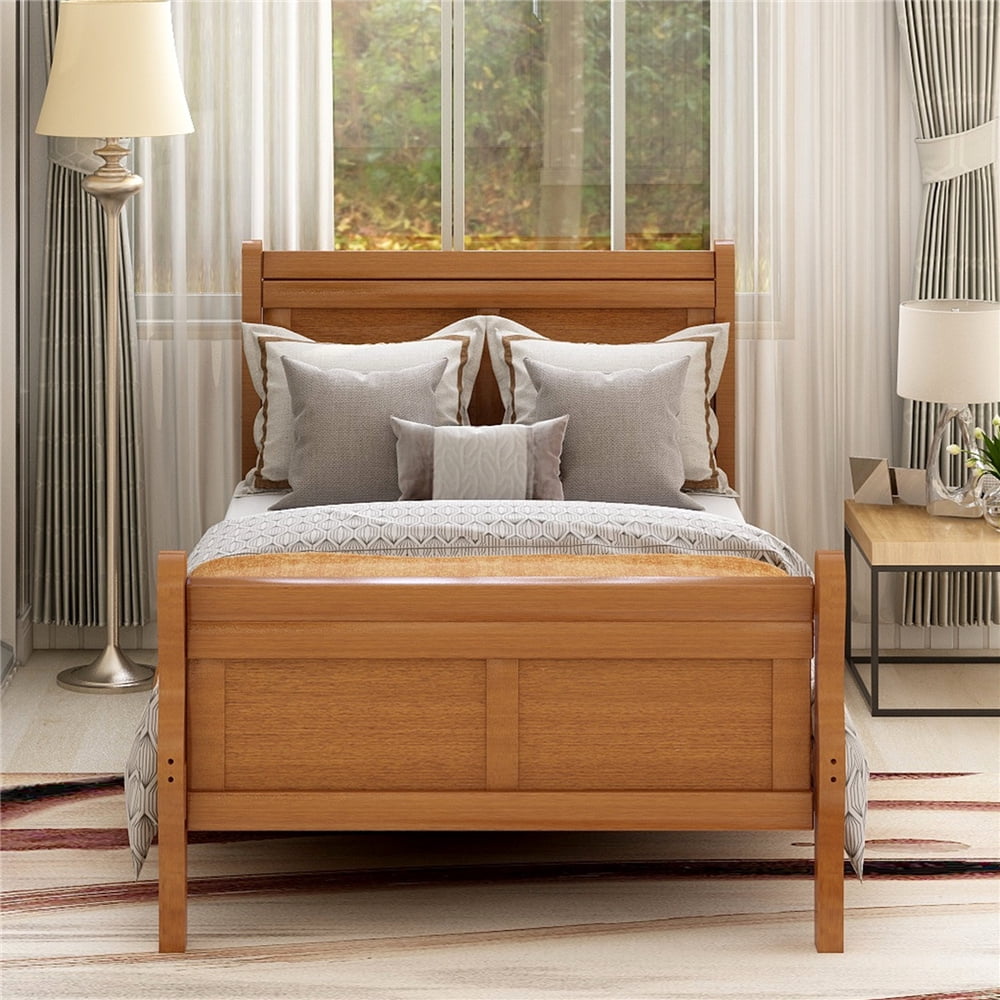 Twin Bed Frame, Walnut Wood Platform Bed Frame with Headboard and Footboard, Modern Bed Mattress