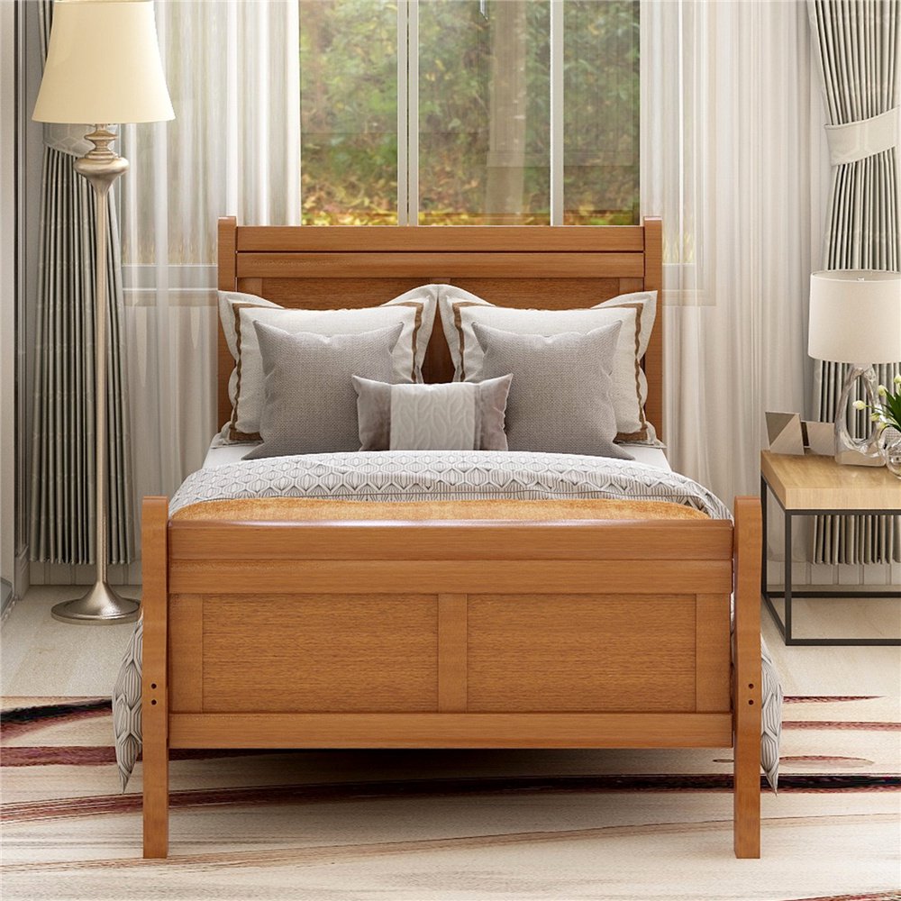 Twin Bed Frame, Walnut Wood Platform Bed Frame with Headboard and