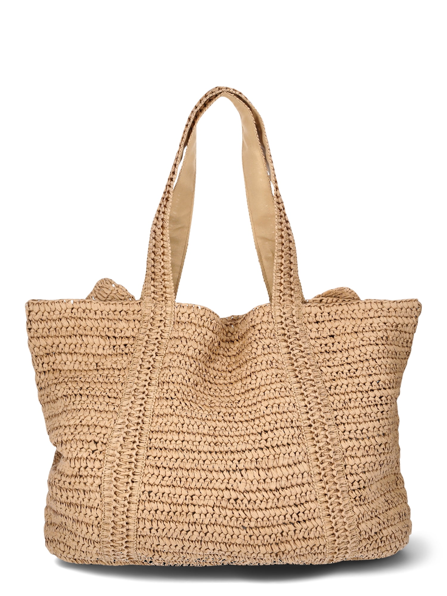 Time and Tru Women's Ruffle Straw Tote Bag, Natural