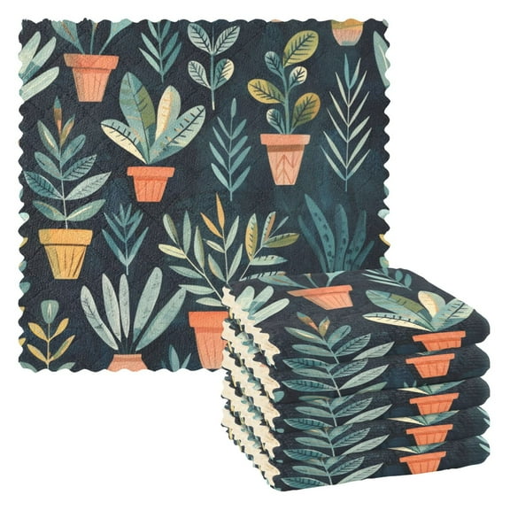 6 Pieces of Kitchen Towels 11x11Inch Kitchen Dish Cloths Kitchen Dish Towels Reuseable Cleaning Cloths Dark Green Plants