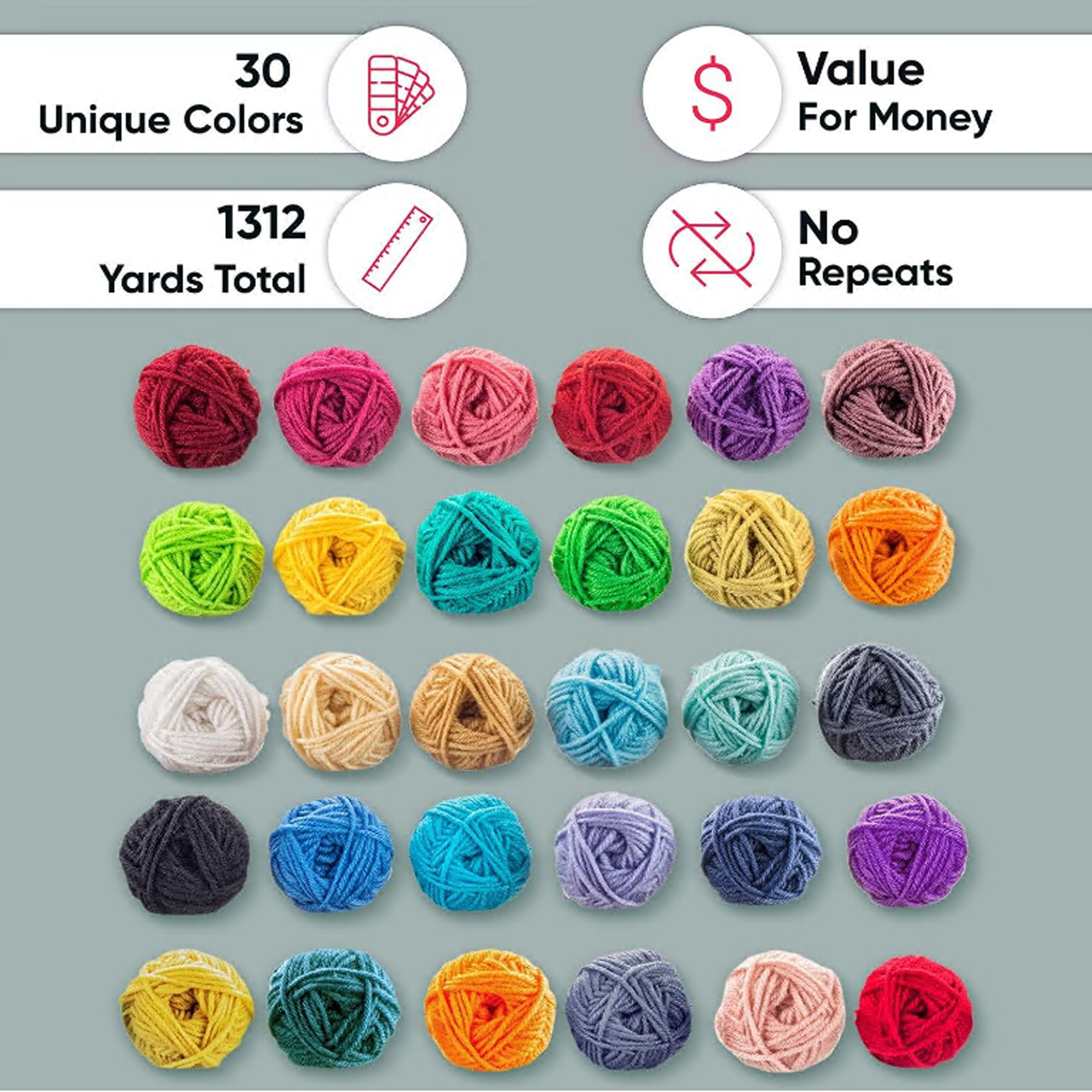 30 Skeins Bulk Yarn for Crochet Kit, Knitting Crochet Yarn Acrylic ,Multi-Colored, 1300 Yards