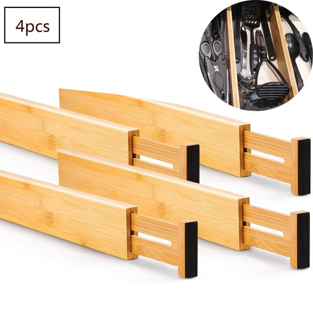 Utoplike Divisores de cajones Bambú ajustable (31,1-43,8 cm) Organizador de cajones Cocina Con resorte Cocina Cómoda Baño Dormitorio Bebé Cajón Escritorio (paquete de 4) Sistema de organización