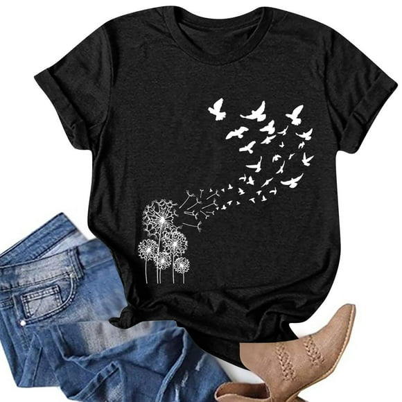 Graphic Tees For Women,Fashion Women Novelty Dandelion Printed T Shirts Loose Fit Crewneck Short Sleeve Blouses Summer Casual Ladies Tops