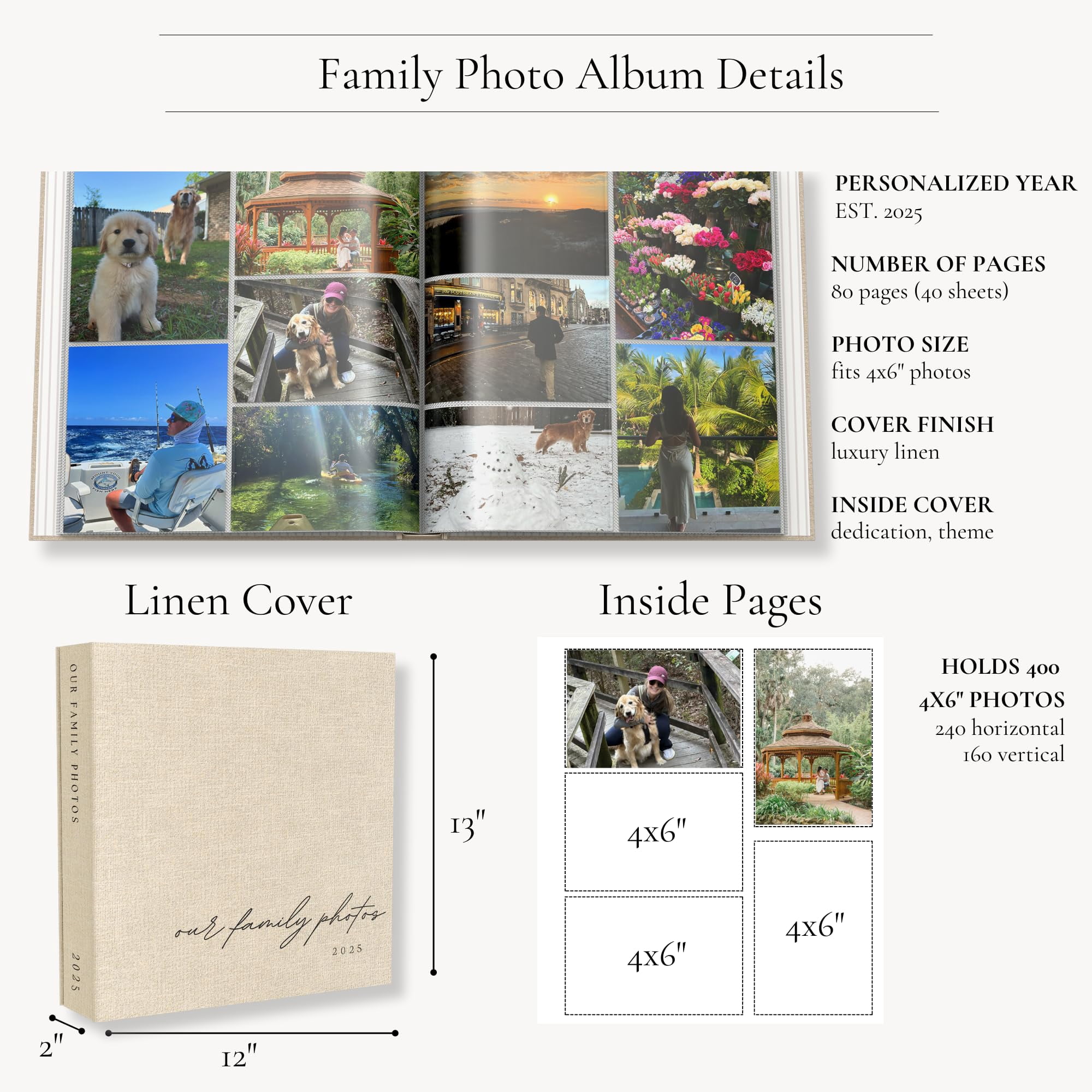 Family Photo Album 4x6 Pictures & Custom 2025 Year - Large Linen Picture Book 400 Horizontal & Vertical Pockets - Personalized Scrapbook Memory Book For Baby, Kids, Vacation, Couples, Anniversary