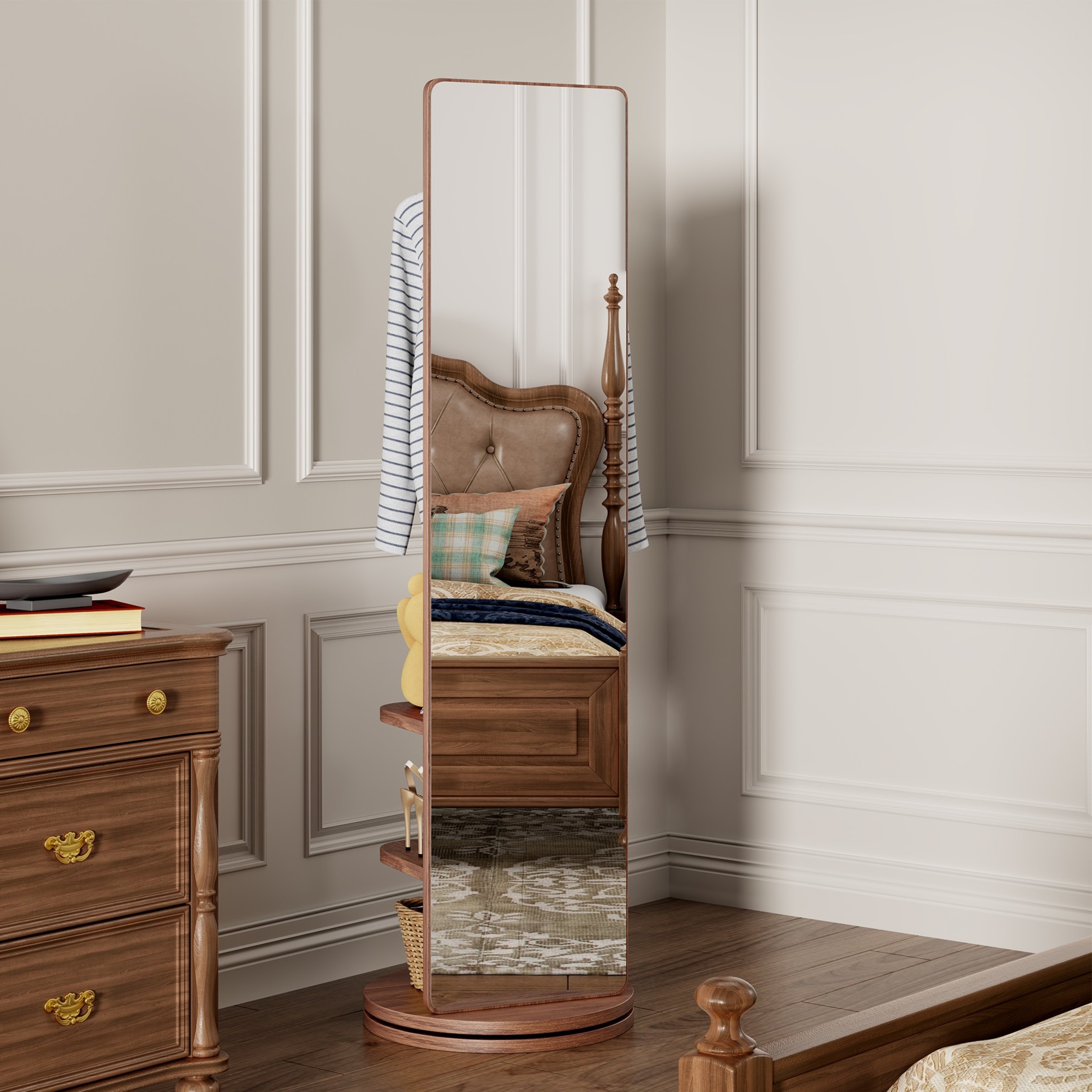 Noble House Gunther 360° Rotating Full-Length Mirror Coat Rack, Solid Rubberwood, for Small Space, Large, Walnut