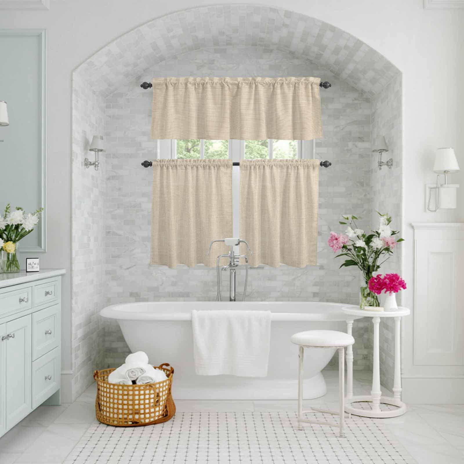 Kitchen Window Curtains Valance and Tier Set, Vintage Country Beige Linen Texture Rod Pocket Tier Curtains and Valance 3 Piece Set, Farm Burlap Window Treatment for Bedroom Living Room