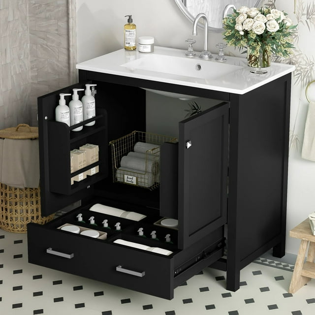 MODERNLUXE 30" Bathroom Vanity with Single Sink,Bathroom Storage Cabinet with 2 Doors,1 Drawer,Undermount Sink Cabinet and Multifunctional Storage, Black