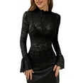 thumbnail image 2 of Women's Floral Lace Mock Neck Long Flounce Sleeve Pullover Sheer Slim Fit Stand Collar Blouse Top Black XL, 2 of 8
