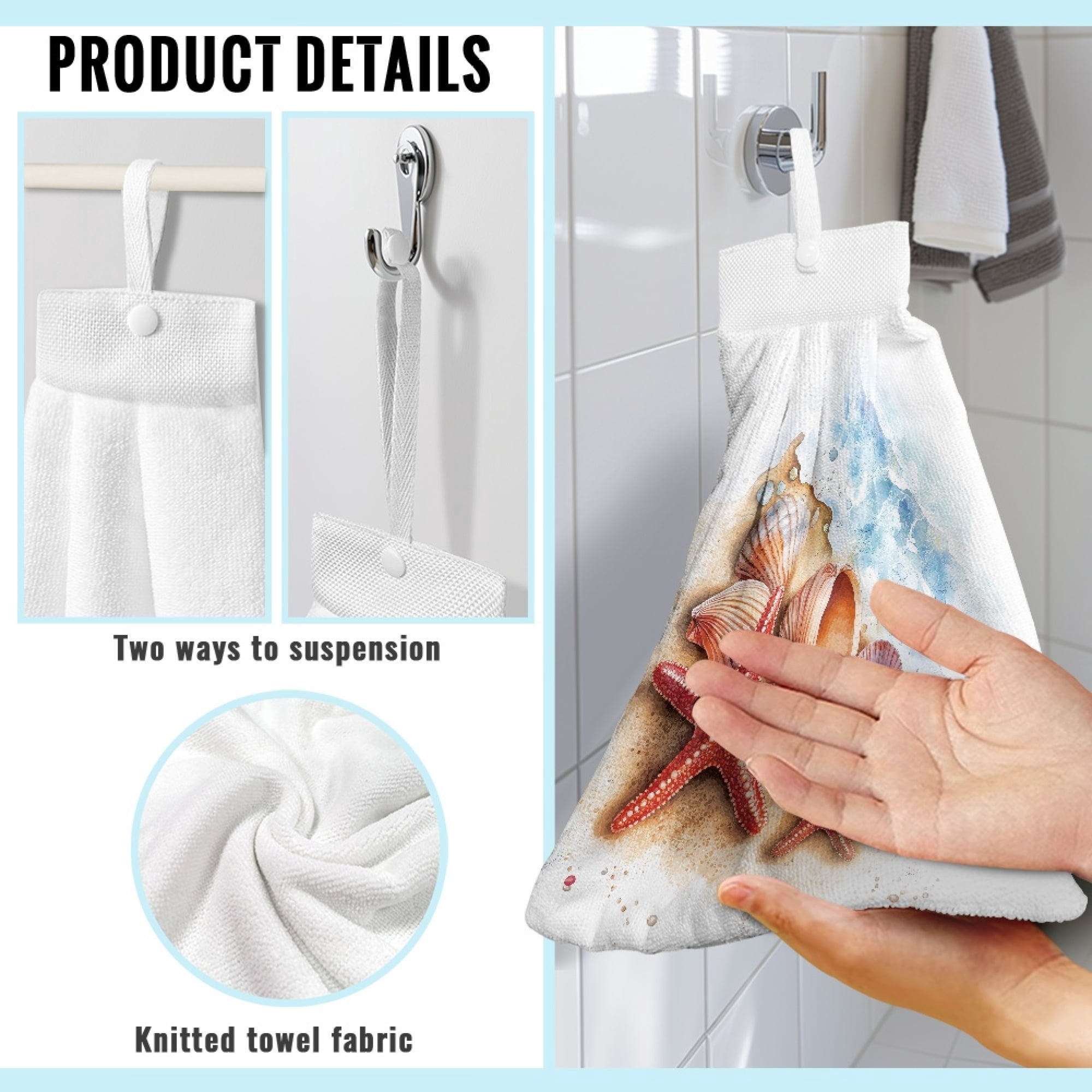 ZIATUBLE Beach Ocean Kitchen Hanging Towels Starfish Hanging Dish Towels Reusable Hand Towels for Bathroom with Loop Set 2 Pack Lightweight Dish Towels for Kitchen Decorative Tea Towels