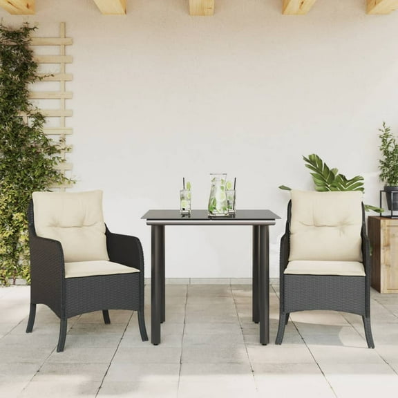 vidaXL 3 Piece Patio Dining Set with Cushions Black Poly Rattan