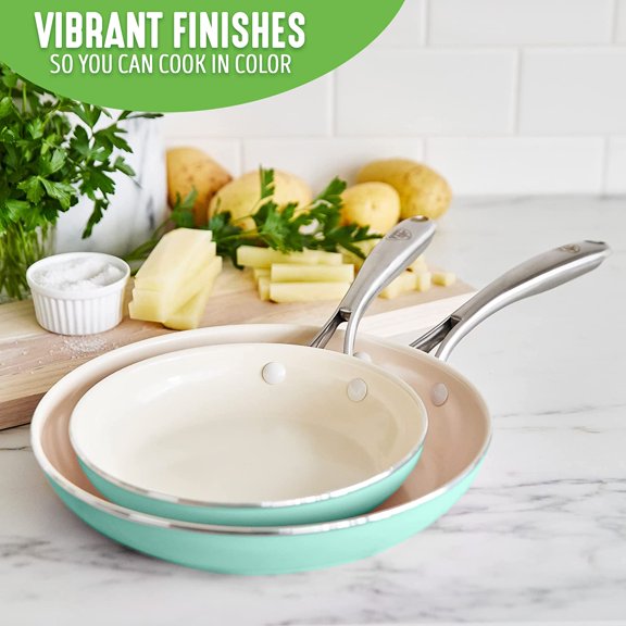 Artisan Healthy Ceramic Nonstick Frying Pan Set, 8" & 10", Stainless Steel Handle, Induction, PFAS-, Dishwasher Safe, Oven Safe, Turquoise