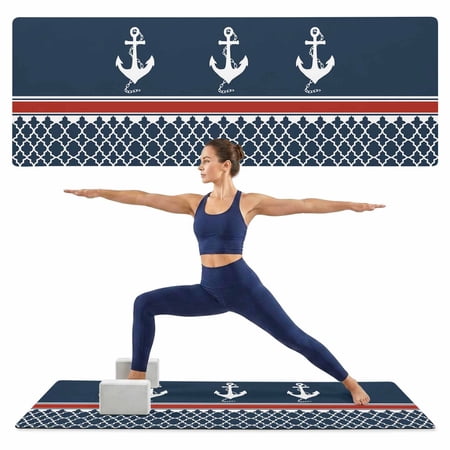 Yoga Mat Nautical Anchor Yoga Mats with Strap & Shortage Bag Non Slip Workout Mats Absorbent Cushion Pad Red Navy Blue Geometric Stripes Exercise Mat for Yoga Pilates Stretching Home Gym 72 x24