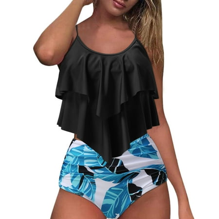 

Bikini Women Split Two Waist Floral Vest Swimsuit Swimsuit High Swimsuit Piece Ruffle Tummy Womens Bikini Swimwears Tankinis Set
