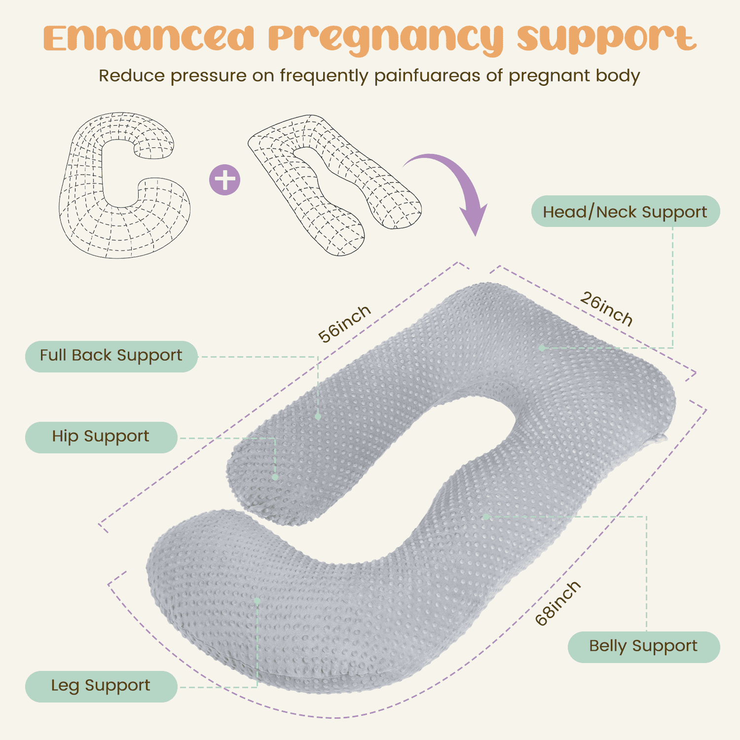 Cshidworld U-Shaped Ergonomic Full Body Pregnancy Pillow for Side Sleeper, Gray