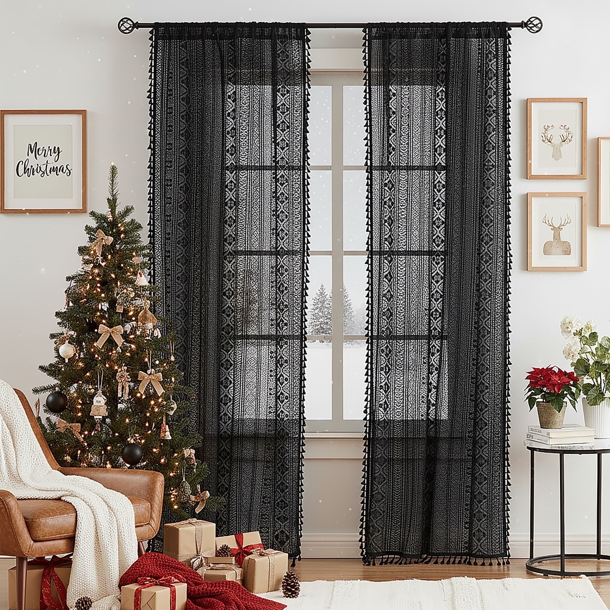 Bohogeo Black Linen Textured Tassel Sheer Lace Curtain Panels, Chic Crochet Geometry Knitting Rod Pocket Window Drapes for Living Room Bedroom, 2 Panels,63" L x 40" W