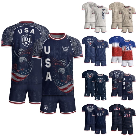 2026 New 2PCS Mens USA Soccer Jersey Short Sleeve Top & Shorts Set, United States Jersey Soccer, Crew Neck Short Sleeve Match Day Sweat Resistant Football Training Shirts for Adult(Navy, 2XL)