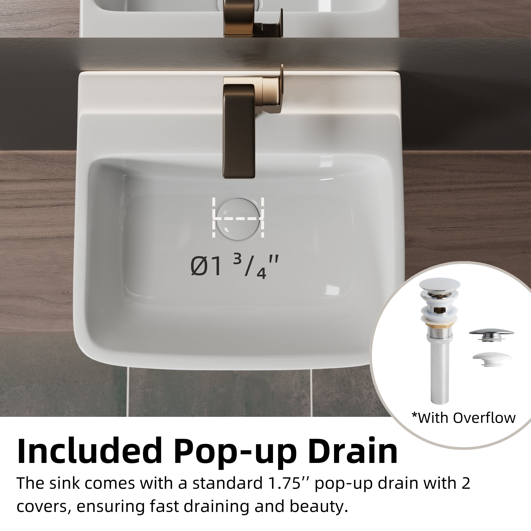Los Flexi 19" Wall Mount Sink with Overflow in White, Floating Bathroom Vessel Sink, One Faucet Hole, Includes Pop-Up Drain Kit