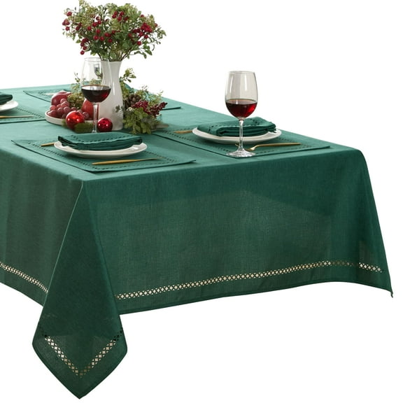 Holiday Evergreen Provence Lattice Cutwork 52 x 52 inch Square Fabric Dining Tablecloth