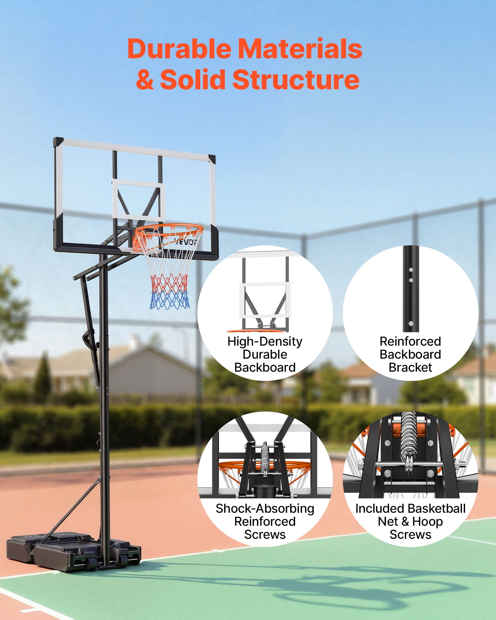 VEVOR Portable Basketball Stand, 5.25 to 10 ft Height Adjustment Basketball Hoop & Goal, Portable Basketballs Hoop with 44 inch PC Backboard & Wheels for Kids, Teens, Adults in Driveways, Pools