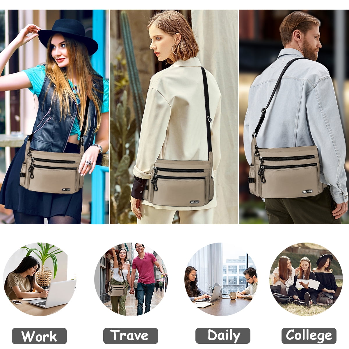 Crossbody Bag for Women Men Multi-Pocket Shoulder Purse Waterproof Lightweight Casual Travel Satchel Handbag,Khaki,319