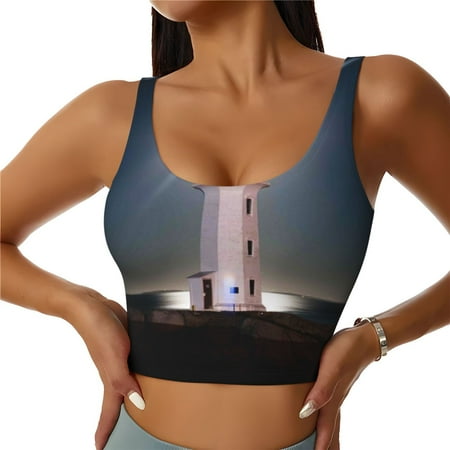 Jgfou Peggy s Cove Lighthouse Print Womens Sports Bra - Padded Workout Sports Bras Crop Tank Top