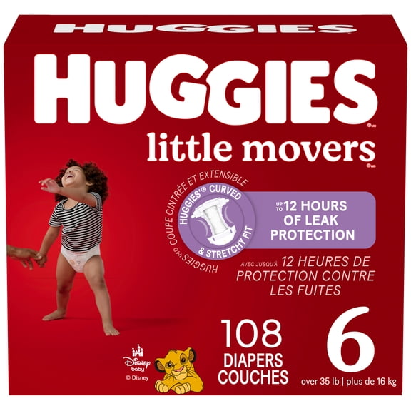 Couches pour bébés Huggies Little Movers, paquet Economique, taille&nbsp;6 (35&nbsp;livres et plus), 108&nbsp;couches
