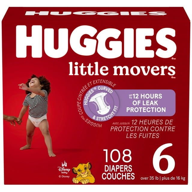 Huggies Little Movers Baby Diapers, Econo pack, Size 6 (35+ lbs), 108 Count