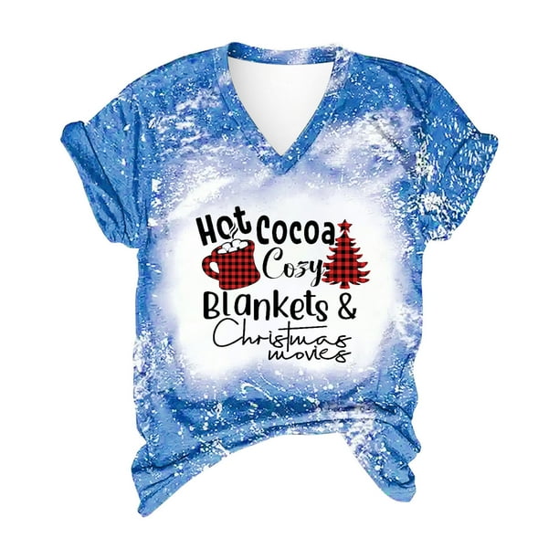 Camisas Navideñas Para Mujer Con Estampado Casual de Manga Corta Suelta Con Cuello en V Odeerbi ODB202607