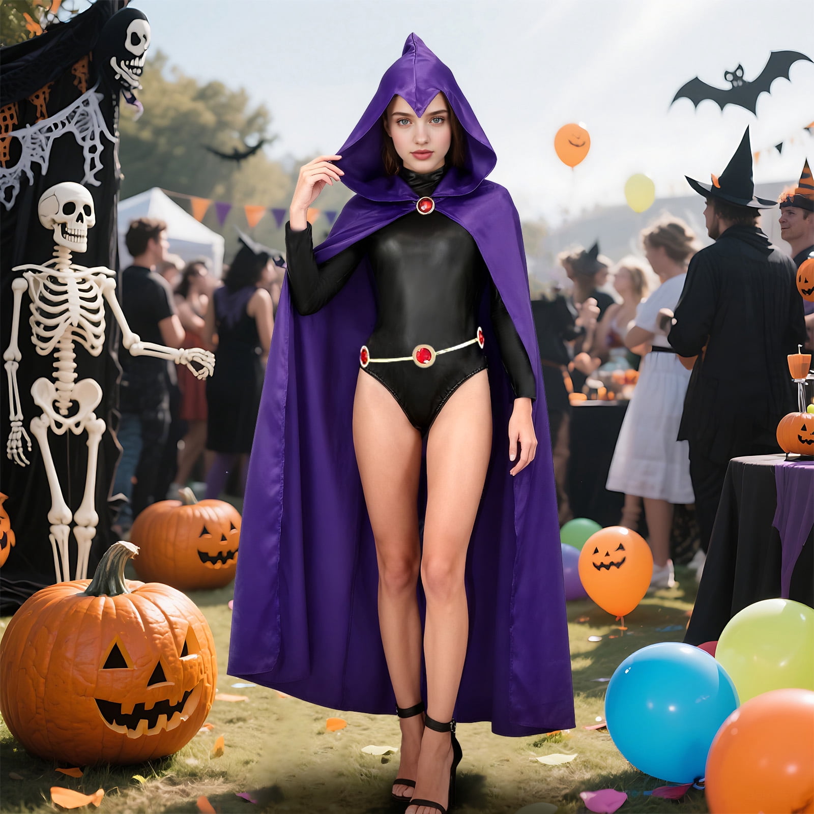 Raven Cosplay Costume Suit for Women, Jumpsuit with Purple Cloak Belt Halloween Uniform