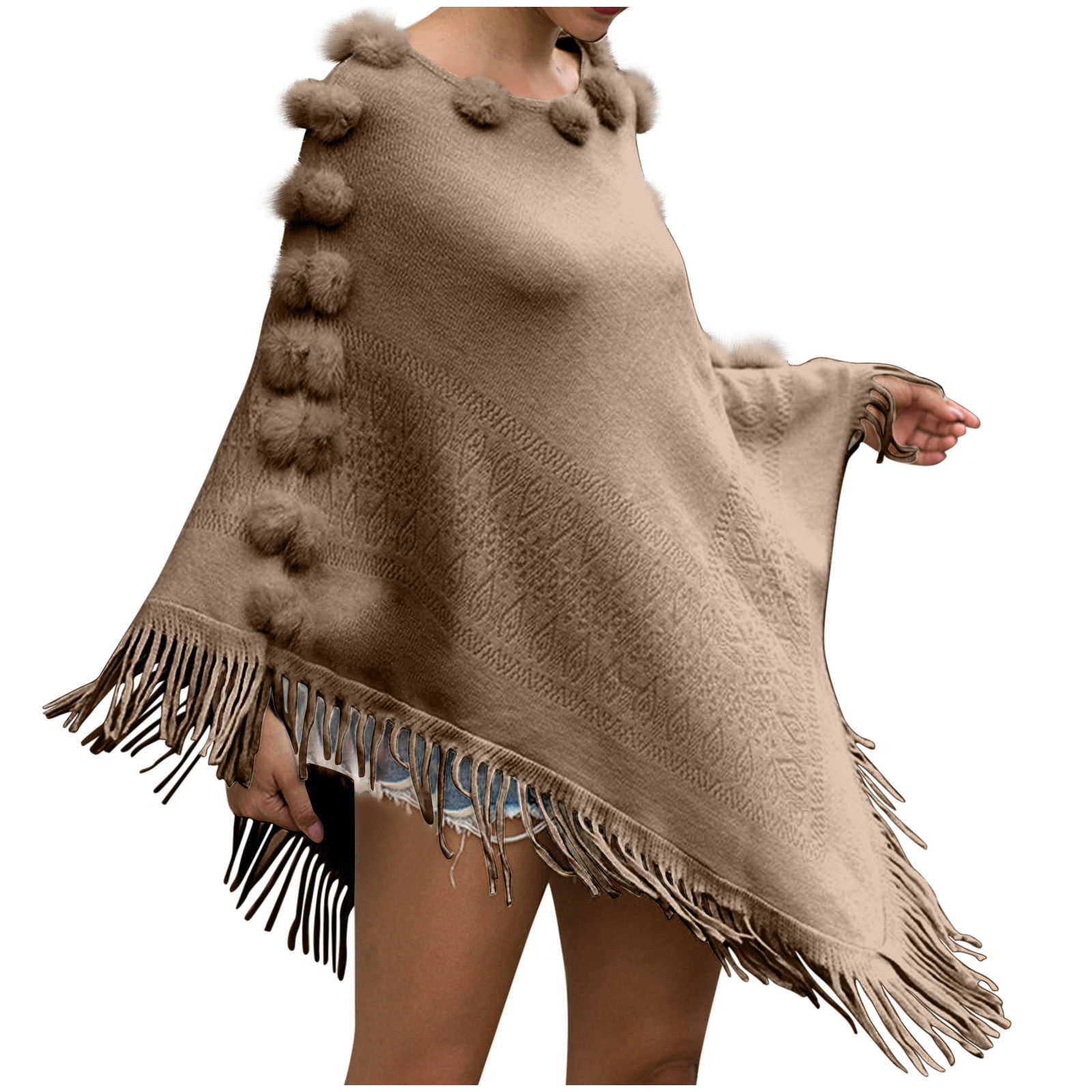 Hfyihgf Women's Faux Fur Collar Cardigan Sweater Elegant Batwing Long Sleeve Knit Cape Tassel