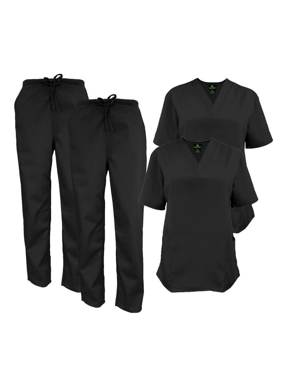 M&M SCRUBS Women Scrub Set V-Neck Medical Scrub Tops and Drawstring Pants - Pack of 2 Set (Black, 5X-Large)