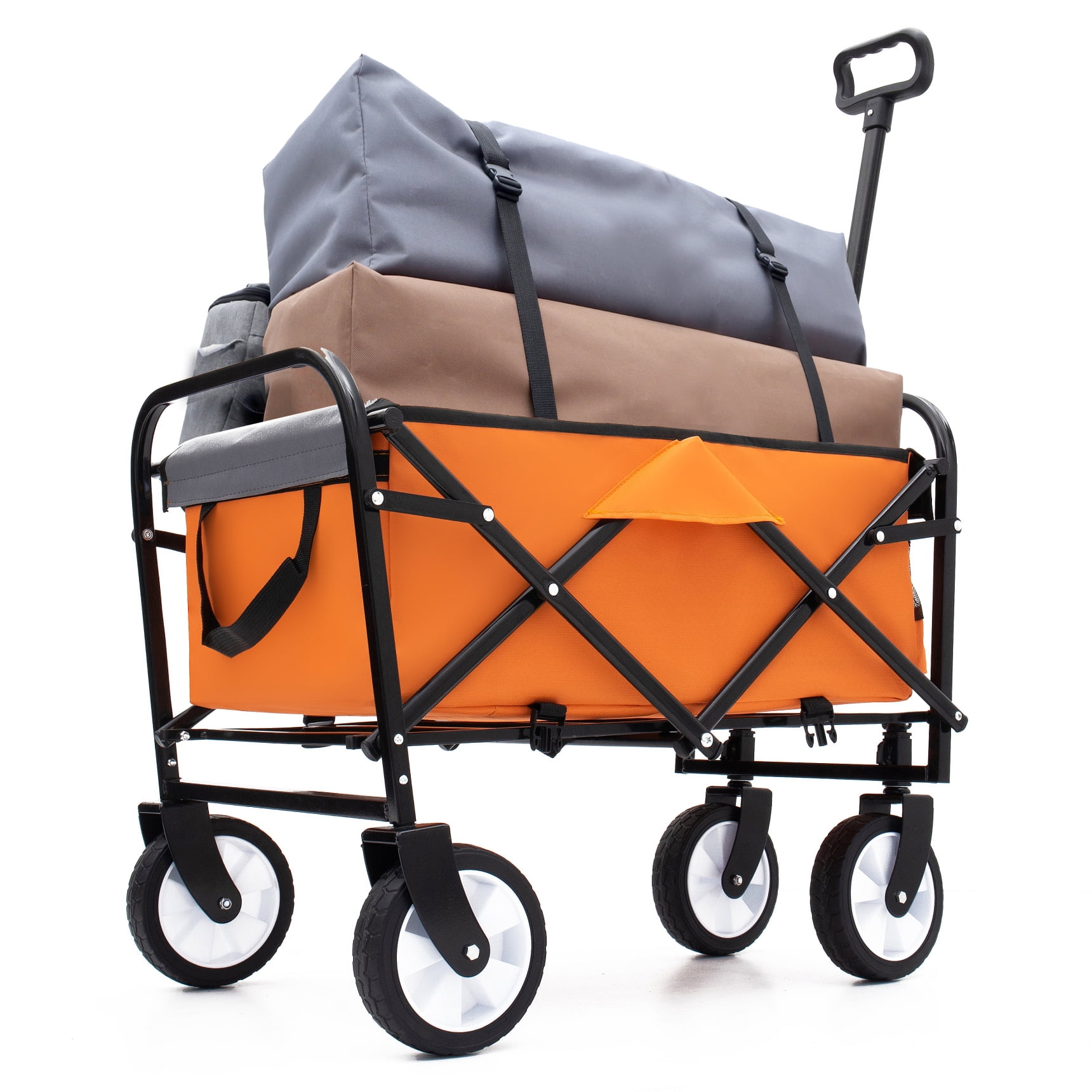 Utility Wagon Cart Foldable with Strapping System, Heavy Duty 225lbs Capacity, Lightweight Collapsible Design, Utility Cart, beach wagon with 360° Swivel Wheels for Beach, Camping, Shopping, Orange
