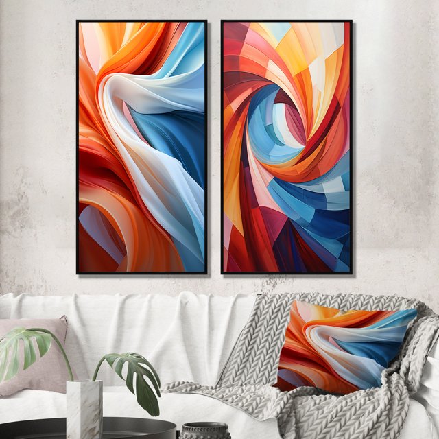 Designart "Fractal Spiral in Blue and Brown II" Wind Turbines Framed Wall Art Set Of 2 - Multi-Color Architecture Framed Canvas Set For Living Room Decor