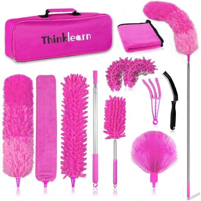 ThinkLearn Dépoussiéreurs en Microfibre pour Nettoyage, 14 Pcs Dépoussiéreurs à Plumes avec Perche d'Extension, Dépoussiéreur Lavable et Extensible pour Plafonds Hauts, Ventilateurs et Stores Kit de Nettoyage Maison Cadeau Rose pour Femmes